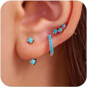 NOKMIT 3 Pairs Mini Hoop Earrings Set Turquoise Cubic Zirconia Huggie Hoop Cartilage Earring Ear Cuff for Women (Turquoise/CZ)