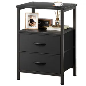 Huuger Night Stand with 2 Drawers, Bed Side Table with Open Shelf, Wooden Top, End Table for Small Space, Bedroom, Fabric Drawer