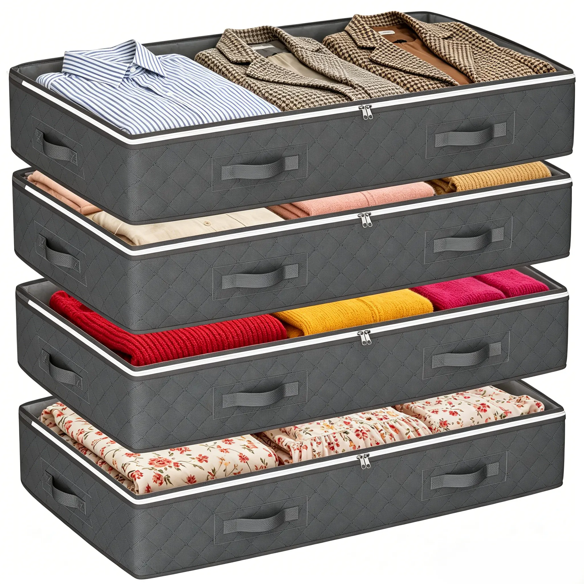 clothing  storage , 90L Under Bed Storage Containers, 4-Pack Storage Bins with Clear Top, Foldable Closet Organizers and Storage with Label Holder for Clothing, Blankets, Comforter & Pillows (Grey)