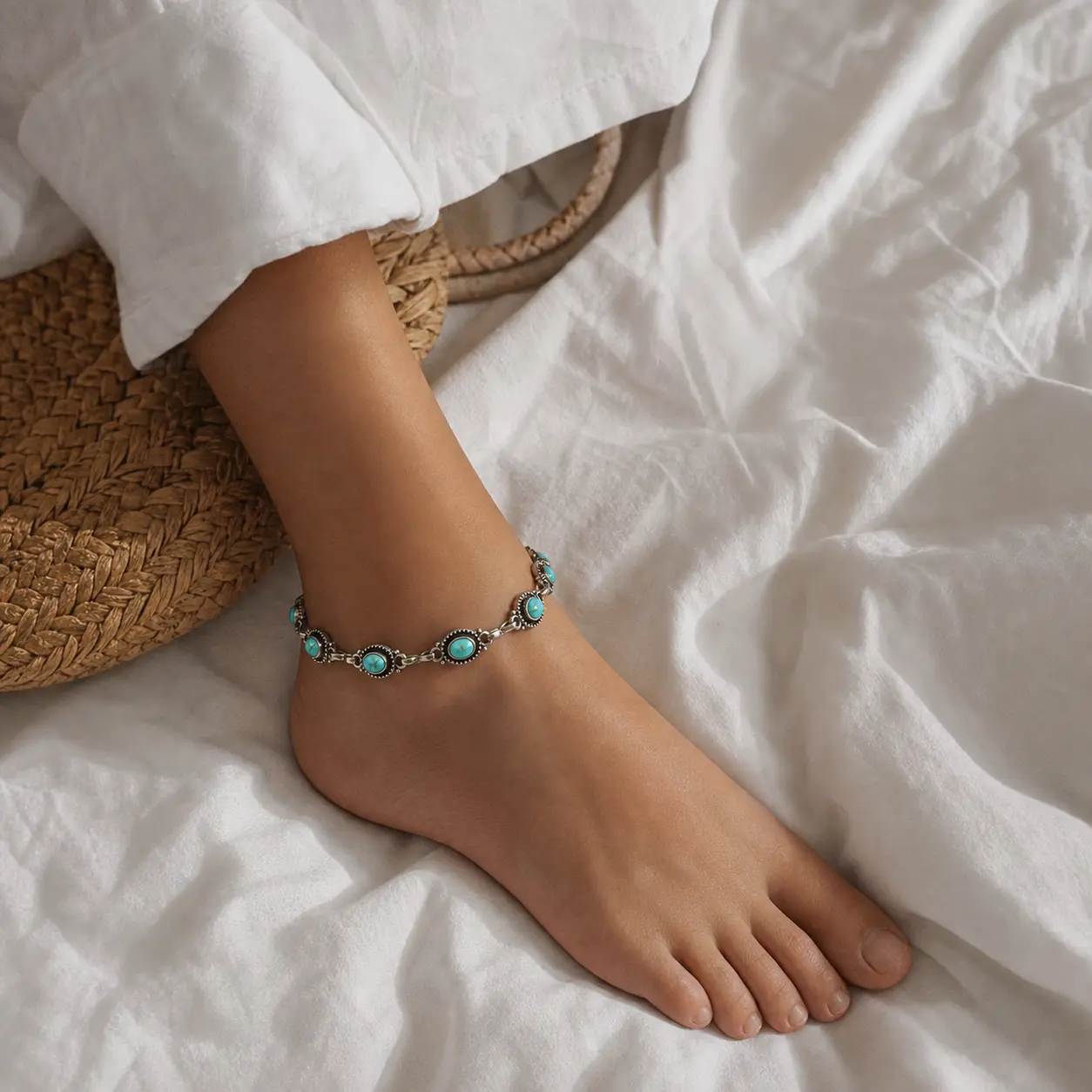 Virelyn B Vintage Turquoise Texture Female Anklet - Beaded Chain Body Jewelry with Metal Coating, Retro Party Wear Accessory, All-Match Exquisite Daily Decor & Birthday Gift