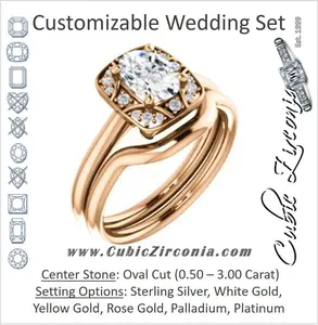 CZ Wedding Set, featuring The Rachal engagement ring (Customizable Segmented Cluster-Halo Enhanced Oval Cut Design with Thin Band)
