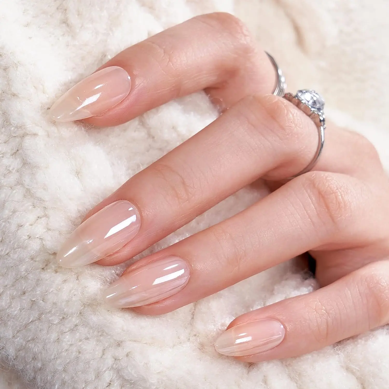 Press On Nails Medium Almond Acrylic Fake Nails, Chrome Glazed Donut Nude Press On Nail Sets with Nail Glue , 15 Sizes Lightweight Perfect Fit Gentle Gel Finish Acrylic Nail Kit