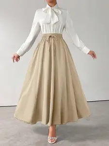 Women's Elastic Waist Korean Style A-Line Long Slim Fit Skirt, New Design, Plain Pattern, All Seasons, Fashionable Half-Sleeve Dress