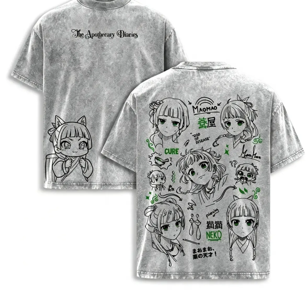Maomao The Apothecary Diaries Washed Vintage Heavy Cotton Oversized Anime Manga T-Shirt - Double-Printed Japanese Retro Streetwear Graphic Top with Anime Artwork, Imperial Palace Mystery Edition, Unisex Men's/Women's Hoodie Option Gift