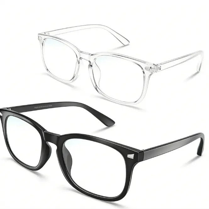 Non-Prescription Anti-Blue Light Glasses 2-Pack - Classic Square Black & Clear Frames, Lightweight, Comfortable, Eye Protection for Screen Time, Ideal for Work & Gaming
