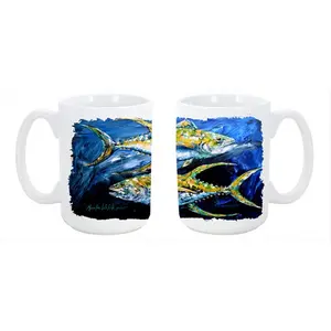 212 MAIN Tuna Blue Fish Motif Reusable Ceramic Coffee/Tea Cup - 15oz Large Beverage Mug, Dishwasher-Safe, Microwavable, Ideal for Coffee, Tea, Reuse-Friendly Kitchenware Drinkware
