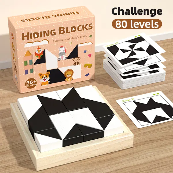 Wooden Hidden Block Puzzle, Black White Shape Sorter, Montessori Educational Brain Teaser Toy for Kids, Spatial Logical Thinking Training Parent-Child Desktop Game