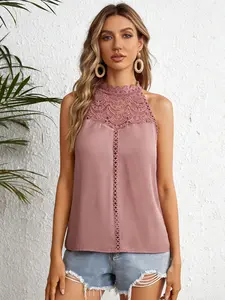 A women's solid color round neck lace-up lace camisole top, suitable for summer, daily casual wear, vacations, and home wea