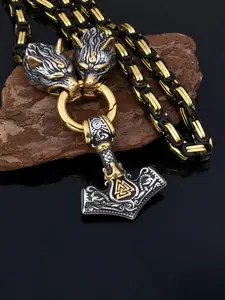 Vintage Viking Style Wolf Head & Hammer Design Pendant Necklace, Stainless Steel Chain Necklace, Fashion Jewelry Accessories for Men & Women