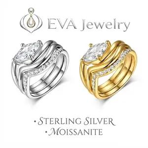 [EVA Jewelry] Triple Bands Marquise 925 Sterling Silver Synthetic Moissanite Ring