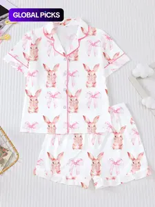 Easter Bunny Bow Collar Cardigan Set, Cute All over Print Short Sleeve Shirt and Elastic Waist Shorts, Comfortable Kids Homeewear Pajama Set, Pajama Pattern, Pajamas Sleepwear