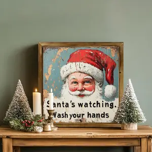 Santa Observation Sign, Vintage Christmas Wall Art, 8x8 Inch Wooden Frame, Farmhouse Style Decor, No Power Needed, Multi-Functional Design, Home Ornament, Wall Hanging Ornament