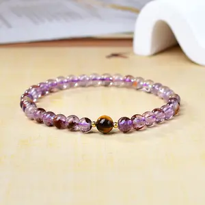 Natural Phantom Amethyst & Tiger's Eye Bracelet, Attract Wealth & Boost Courage, Healing Crystal Beaded Bracelet, Lucky Jewelry for Women Men