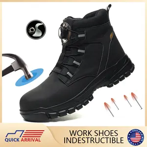 New Rotary Buckle Waterproof Safety Boots Men Indestructible Steel Toe Work Boots Anti-smash Stab-resistant Safety Shoes Construction Work Shoes Boy Closed fashionable footwear Black Worker