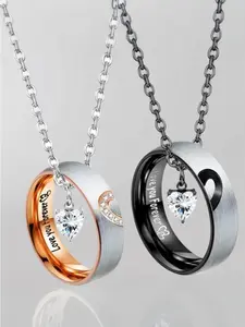 Couple ring set, stainless steel pendant Engraved Necklace with unisex commitment rings, romantic anniversary and Valentine's Day jewelry gift.