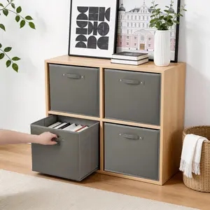 OUTGOODS 6-Pack 13 Inch Foldable Fabric Storage Cubes with Faux Leather Handles, Collapsible Cube Organizer Bins for Shelves, Closet, Nursery, Toy Storage, Clothes, Bedroom, Home Organization