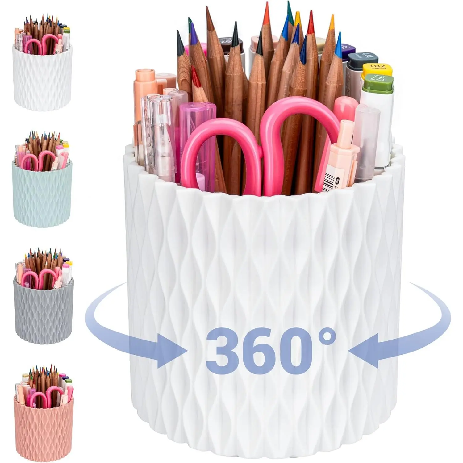 Pen Holder - 360? Rotating, 5 Slot Pen Holder For Desk. Pencil Holder For Office,School,Dorm Room&Vanity, Desk Accessories(White)