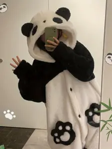 1pcs Unisex Adult Panda Couple Pajamas, Thick Flannel Nightwear, Halloween & Christmas Role Play Sleepwear, Casual Loose Fit, Fall Winter