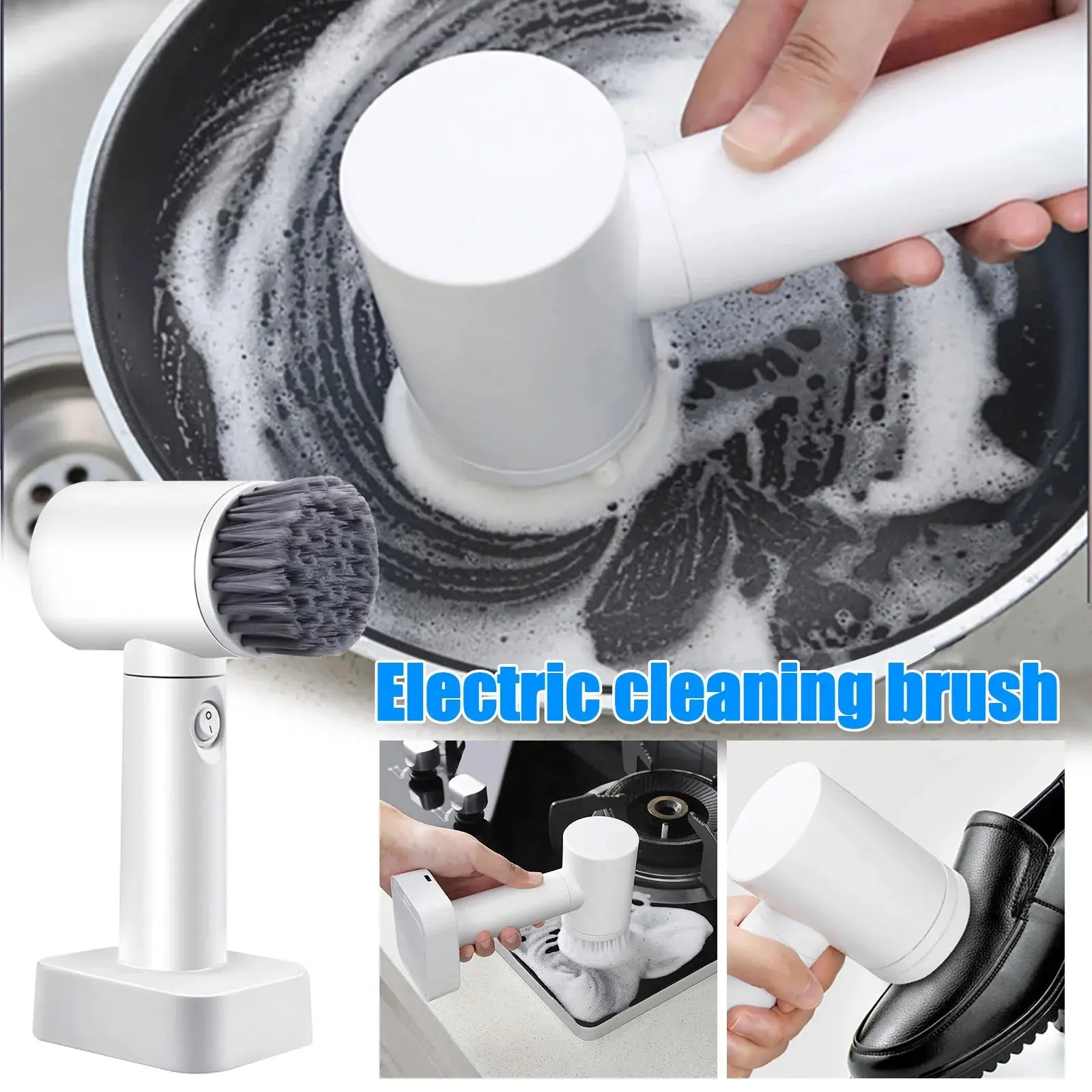 Multifunctional Electric Cleaning Brush with 5 Replaceable Heads, Household Kitchen Bathroom Dish Cleaner, Corded or Battery Operated, Ergonomic Handle for Multi-Surface Cleaning