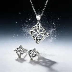 AELNEN Silver-Tone Celtic Knot Jewelry Set - Intricate Weave Pendant Necklace + Stud Earrings - Retro Symbolic Jewelry - Gift for Her