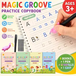 Magic Copybook Set for Toddlers (3-8 Years Old) - 4 Reusable Grooved Thick Paper Books (10.23x7.28in), 1 Auto-Fade Pen, Pencil Grips, Cute Shapes, Alphabet, Bright Colors, Toddler Learning Activities School Supplies