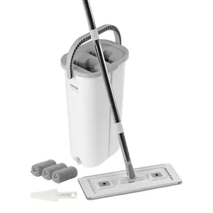 【Summervibes】VEVOR Mop and Bucket with Wringer Set,  Wet & Dry Use, Flat Mop and Bucket System with 3 Washable Microfiber Pads, Flat Mop with Stainless Steel Handle, Mop Bucket Set for Hardwood Tile Vinyl