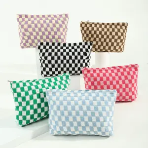 6 Pcs Checkered Makeup Bag Preppy Cosmetic Bag Bulk Pink Black Makeup Pouch Personalize Travel Toiletry Bag Organizer Cute DIY Makeup Pouch Storage Bag for Women