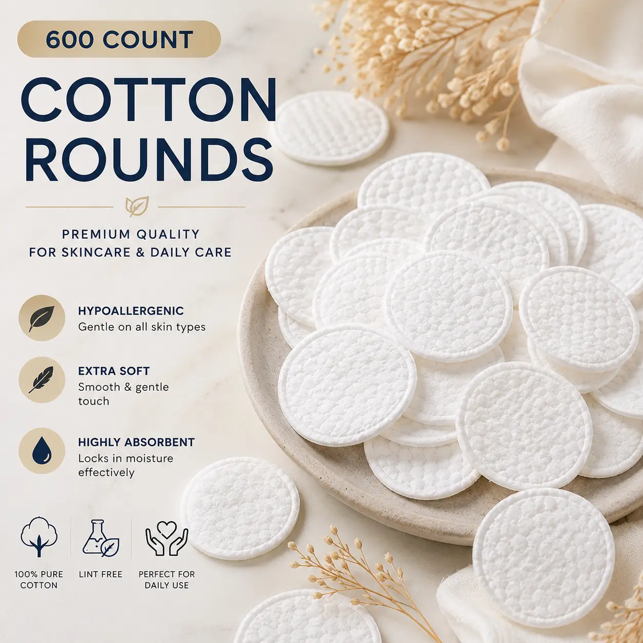 Hypoallergenic Cotton Rounds for Makeup Removal and Skincare, 600 Count, 6 Pack