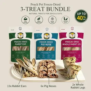 Natural Freeze-Dried Rabbit Treats for Dogs & Cats - 3-Pack Chew Bundle with Rabbit Ear, Pig Nose & Whole Rabbit Leg, High Protein Pet Snacks