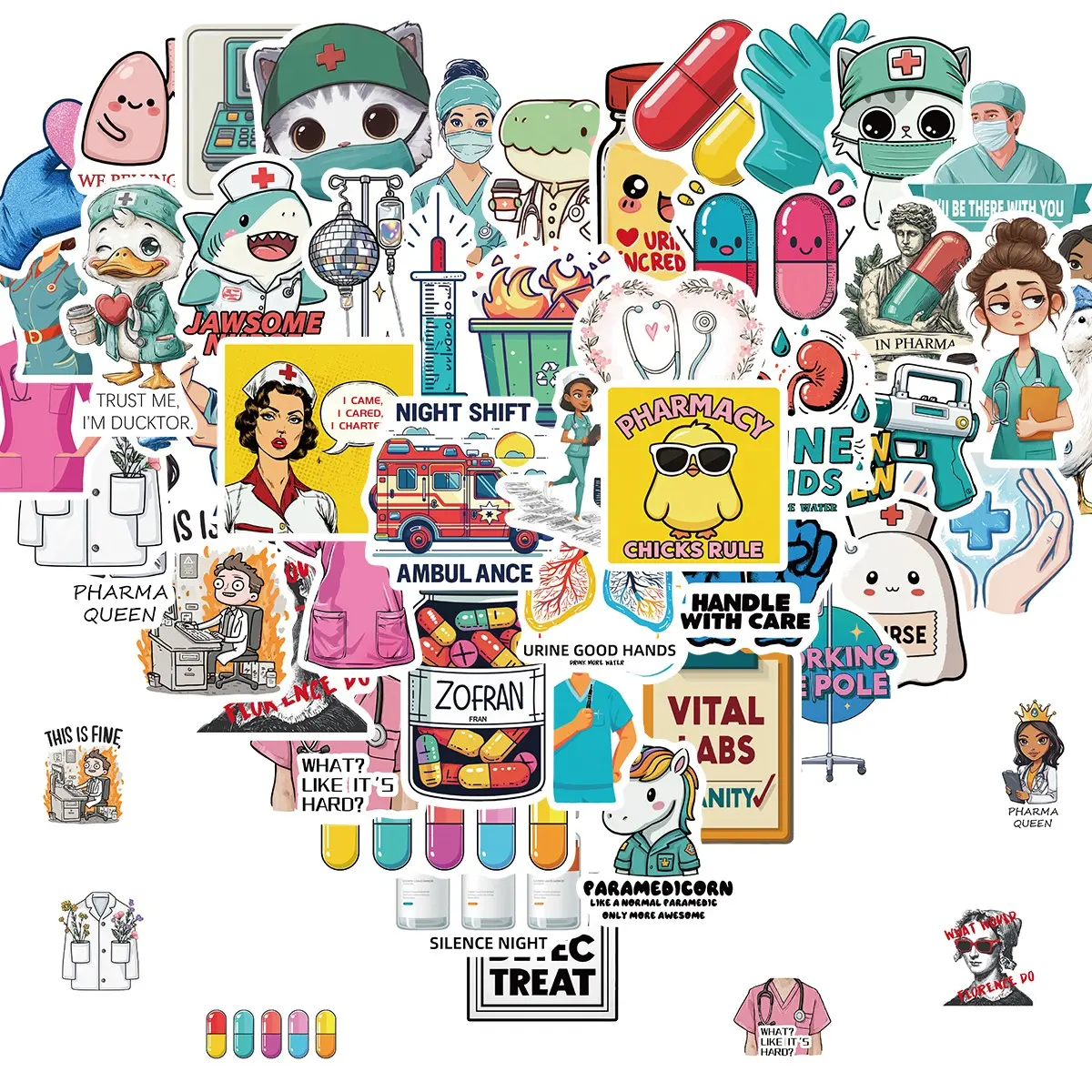 50pcs Funny Healthcare Stickers for Water Bottle, Laptop, Waterproof Medical Stickers, Nurse Doctor Decals, Party Supplies, Gift for Women & Men, Sticker Set