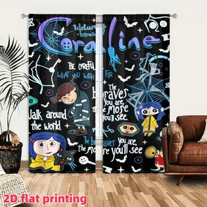2D Flat 2Pcs Coraline Cartoon Graphic Printed Curtain Panel, Rod Pocket Window Drapes, Semi-Sunshade Polyester Fiber for Living Room, Bedroom, Balcony, Dining, Hotel, Accessory, Anti Privacy.