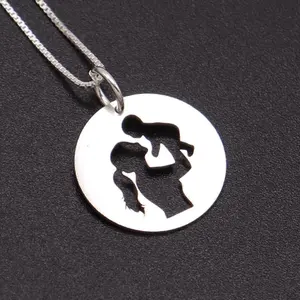 Mother And Child Family Silhouette Necklace - Silver  Round Pendant with Unique Design, Ideal for Personalized Gifts