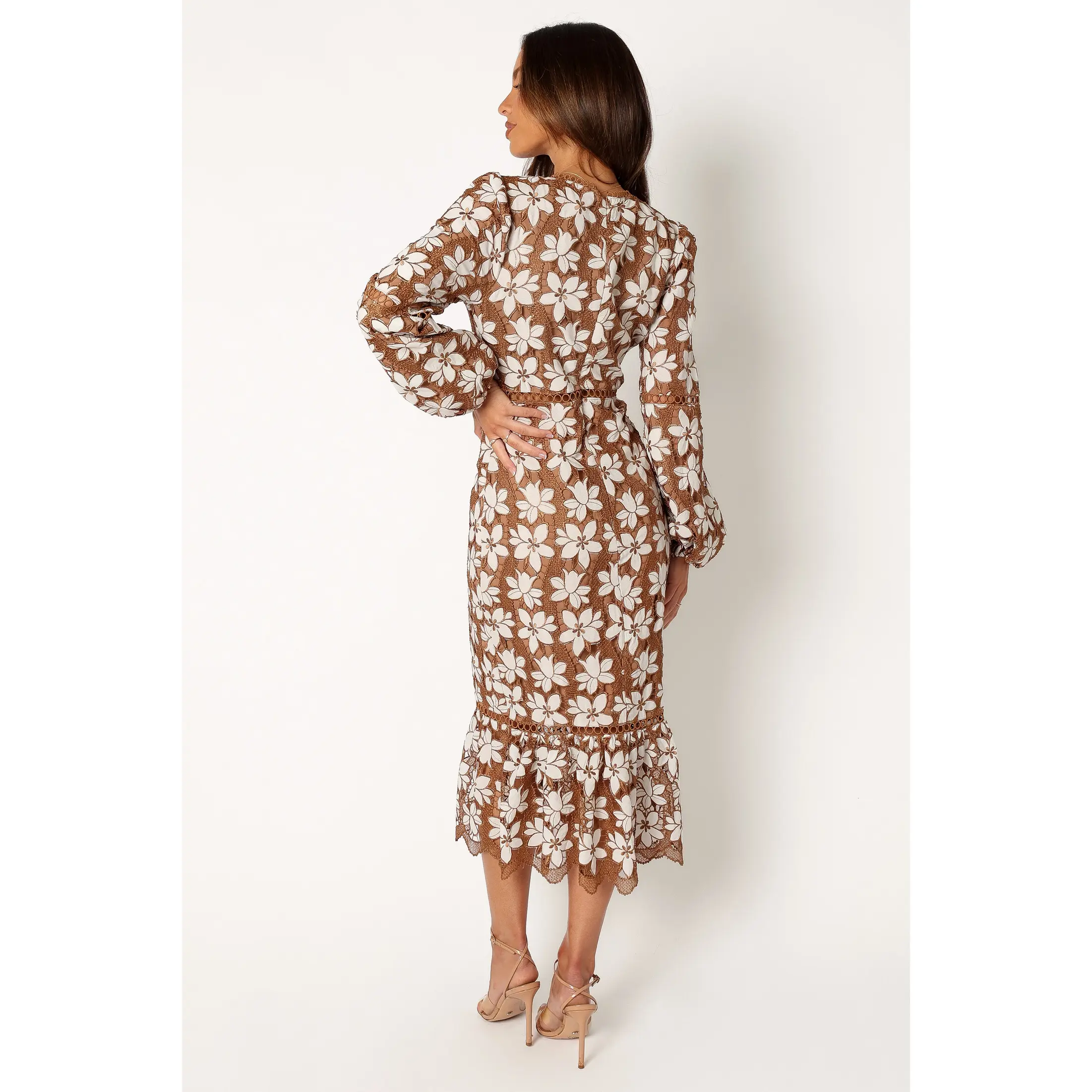 pierre long sleeve lace maxi dress mocha Pierre Long Sleeve Lace Maxi Dress - Mocha