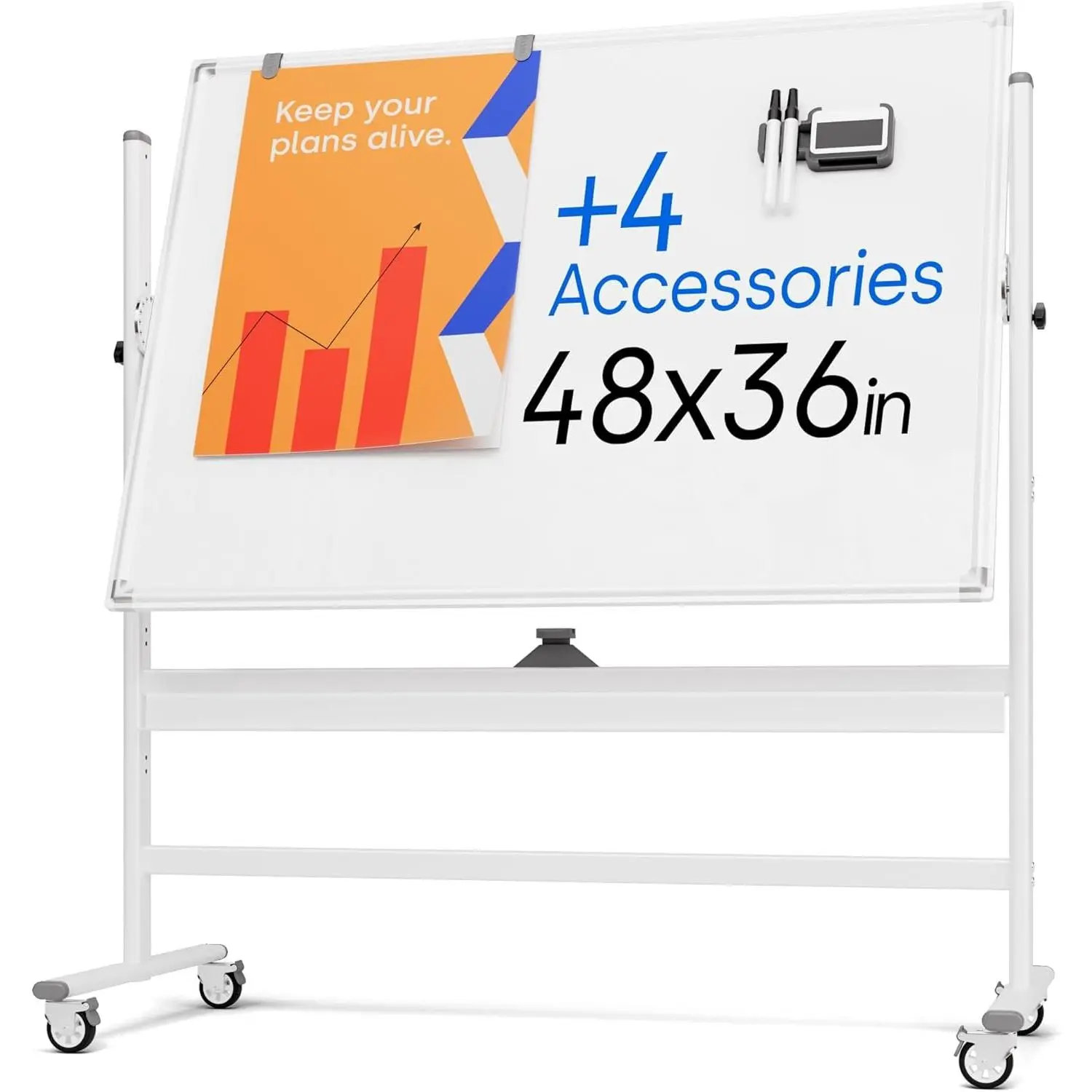 Rolling Dry Erase Board 48 x 36 - Large Portable  Whiteboard with Stand - Double Sided Easel Style Whiteboard with Wheels - Mobile Standing White Board for Office, Classroom &