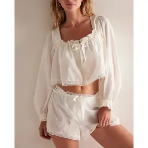 2Pcs Pajamas Sets for Women Puff Long Sleeve Square Neck Lace Patchwork Tops with Elastic Waist Shorts Loungewear