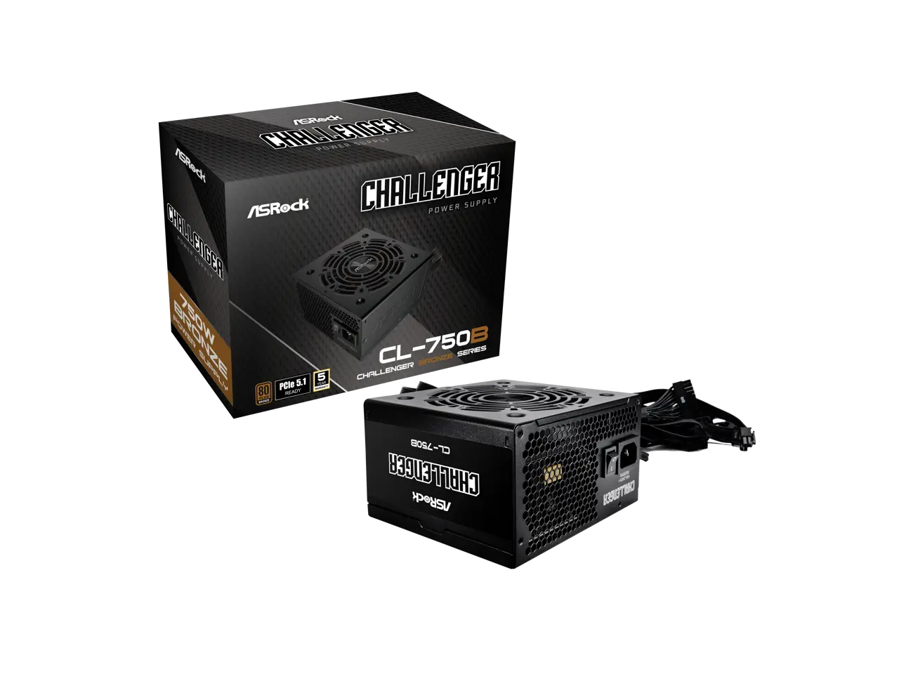 ASRock Challenger CL-750B 750W 80 PLUS BRONZE Certified Non-Modular Power Supply, PCIe5.1 Ready with Dual Color 12V-2x6 Cable, 5 Years Warranty