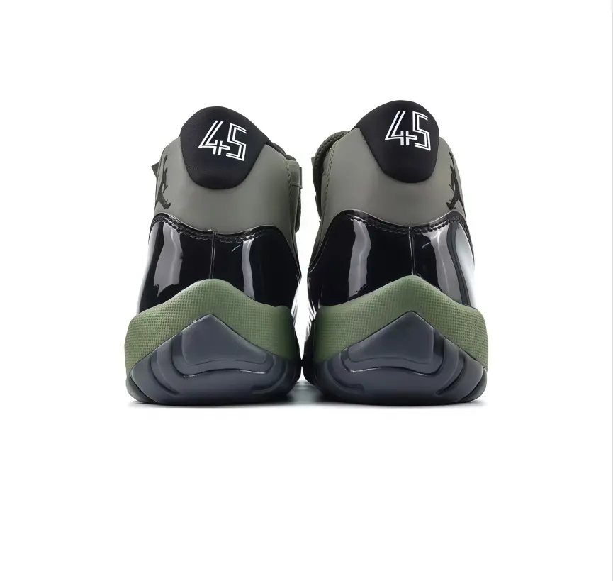 New Unworn Olive Green & Black High-Top Basketball Shoes with Box – Fabric Upper, Patent Leather Mudguard, Translucent Outsole, Retro Streetwear Sneakers for Men & Women
