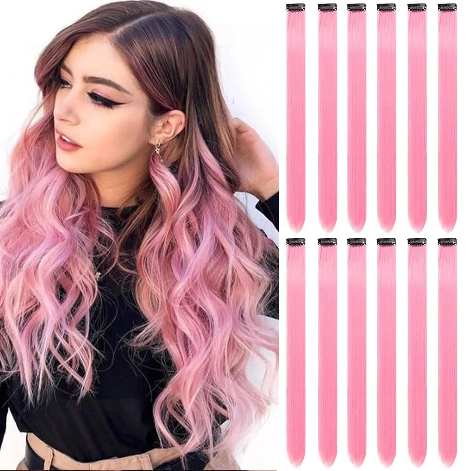 12 PCS Clip-in Hair Extensions for Girls, 22 Inch Pink Straight Synthetic Fiber, Heat-Resistant DIY Extensions for Party Highlights