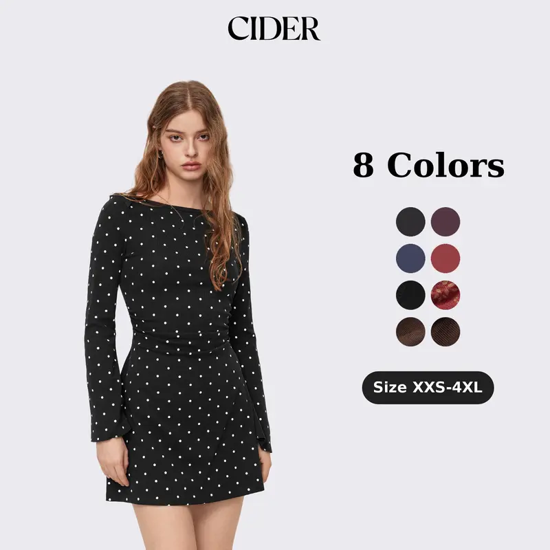 Cider Women's A-Line Casual Cotton-Blend Dress - M, Boat Neck, Long Ruched Bell Sleeves, Above-The-Knee Mini-Length Flair, Pull-On Sweet Womenswear Apparel