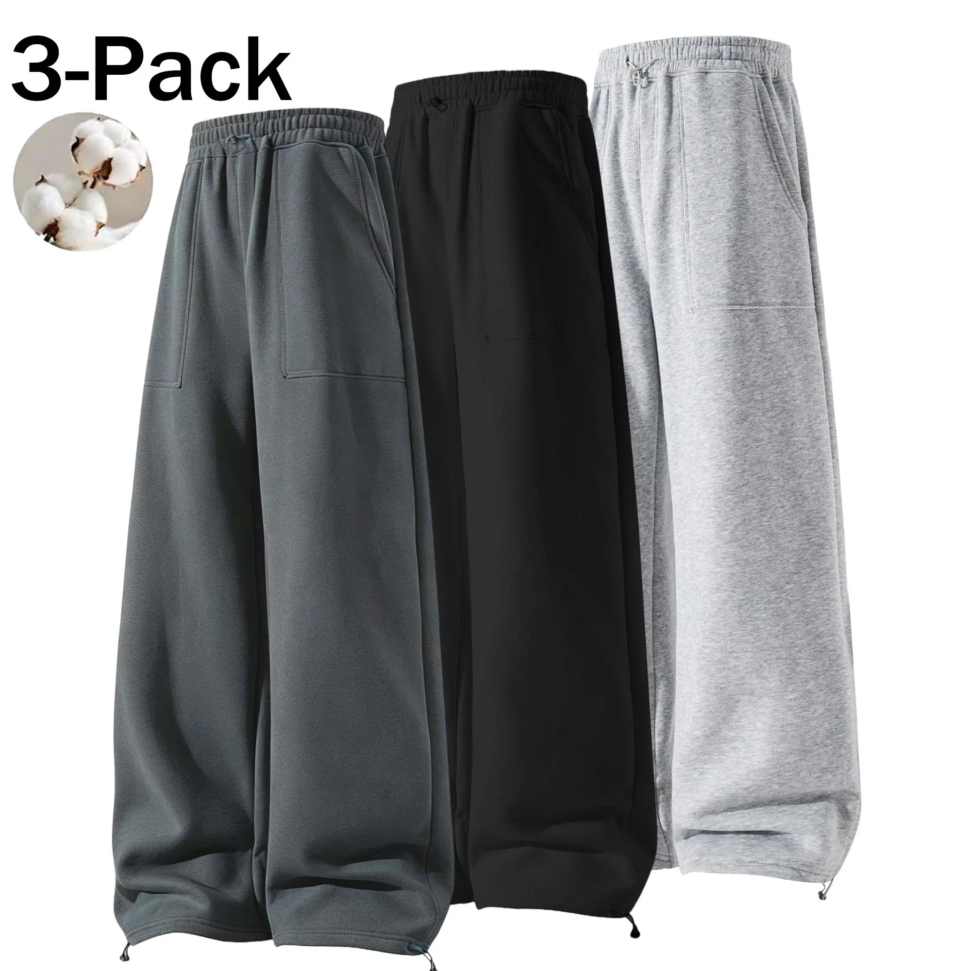 3-pack / single pack men’s autumn/winter jogger sweatpants, wide-leg, cotton, loose fit with a fluid drape, versatile casual long pants