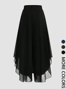 1 Spring Summer Black Chiffon Wide Leg Skirt Pants Women | Elastic High Waist Asymmetric Irregular Hem | Old Money Elegant Style for Office Daily Vacation Wear