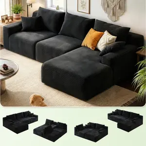 Raybee Modular Sectional Sofa with Deep Seat, L-Shaped Cloud Couch with Chaise, Convertible Boneless Corduroy Memory Foam Sofa Couches for Living Room, No Assembly Required, Pet-friendly, Flexible Layout, Soft & Easy-Clean, Black, Gray, White, Green