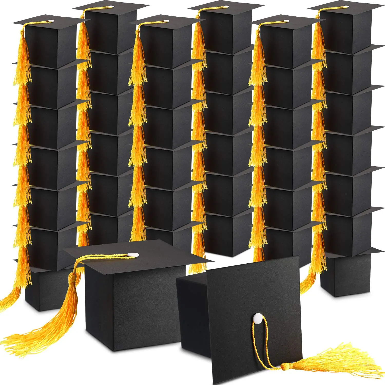 100 Pcs Classic Cap-Shape Graduation Candy Boxes with Black-Yellow Tassel, 4 Different Colors, Partyhat-Inspired Black Cap Look, Gifts in Box Gift Packs, Class of 2025 Grad Party Supplies (Fits Treats, Decor)