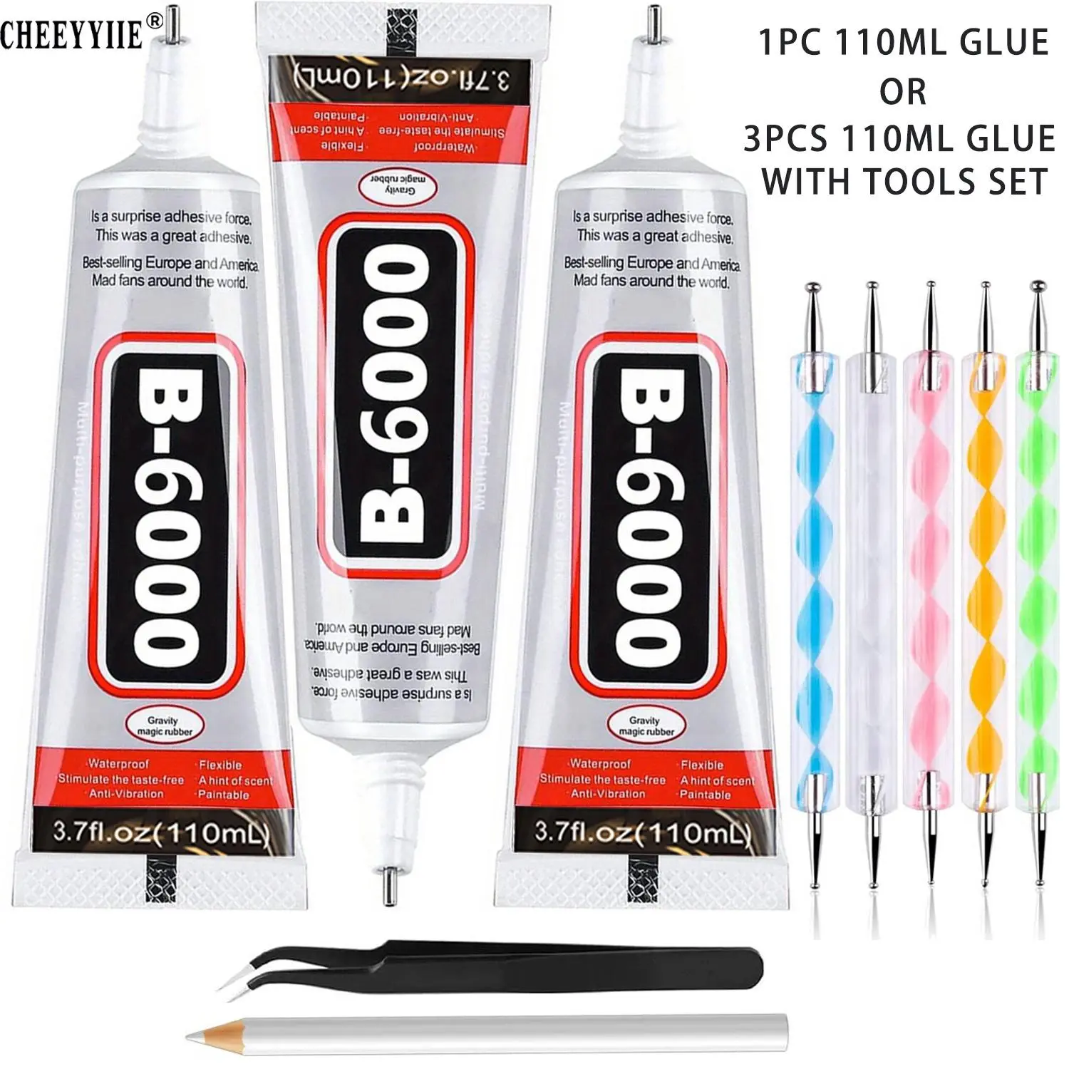 3PCS  110ml/3.7 Fl Oz Multi-Purpose B6000 Clear Craft Adhesive with Dotting Pens Wax Pencil & Tweezer Kit for Jewelry Making DIY Crafts Art Creation and Home Repair