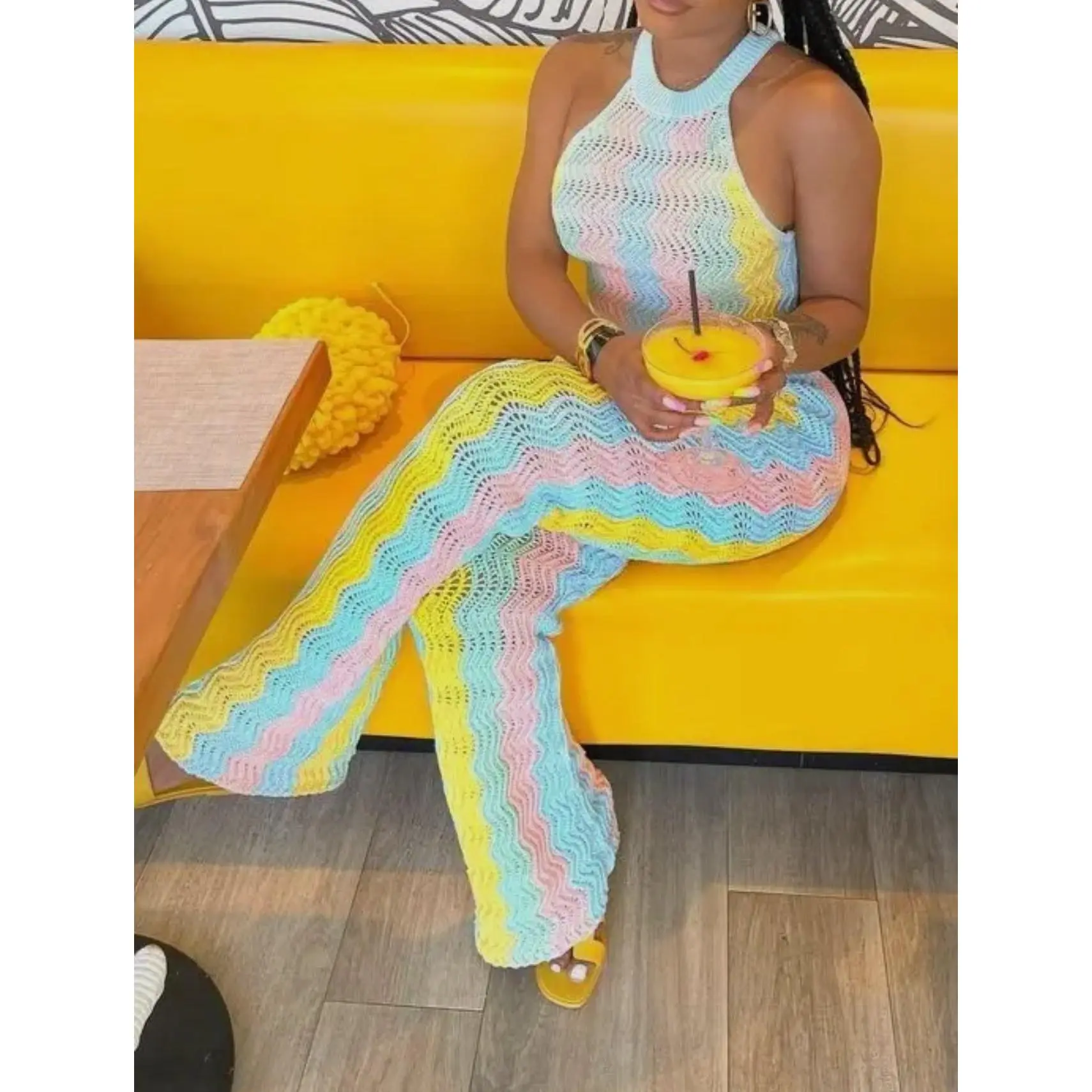 Striped sleeveless knitted vest flared pants set Striped sleeveless knitted vest flared pants set