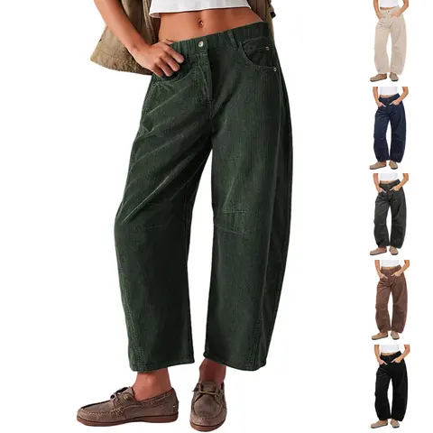 SCUSTY Women's Corduroy Pants Barrel Mid-Rise Elastic Waist Cord Pants Casual Wide Leg Baggy Trouser with Pockets