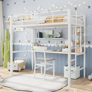 Twin Size Heavy Duty Metal Loft Bed w/ Large Desk & Storage Shelves with Safety Guardrail & Ladder for Kids & Adults, Steel Slats Support, Space‑Saving