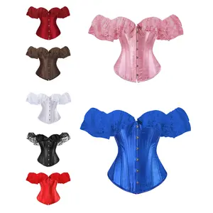 Women's Boned Corset Boat Neck Short Sleeve Off Shoulder Lace Overbust Body Shaper Bow Tie Court Style Fashion Tops