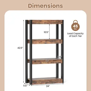 COSTWAY - 4 Tier Bookshelf Wooden Bookcase with Dual Anti-Tipping Kits-Rustic Brown