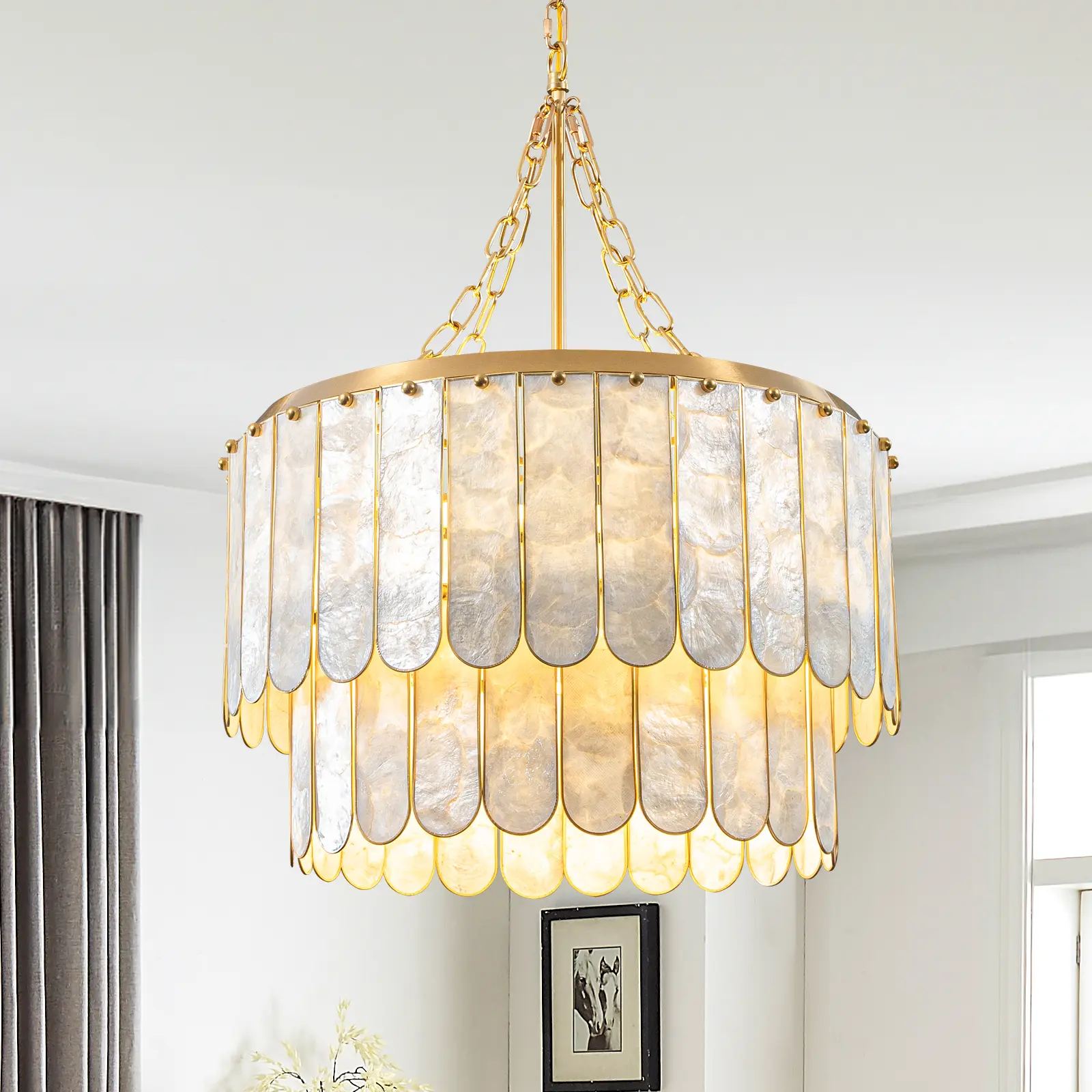 Homary Enseo Coastal 5-Light Capiz Shell 2-Tiered Faceted Ornamental Pendant Light, Gold White Indoor Lighting Fixture, Ornamental Pendant Lights Ceiling Lamp Gold Crystal Chandelier